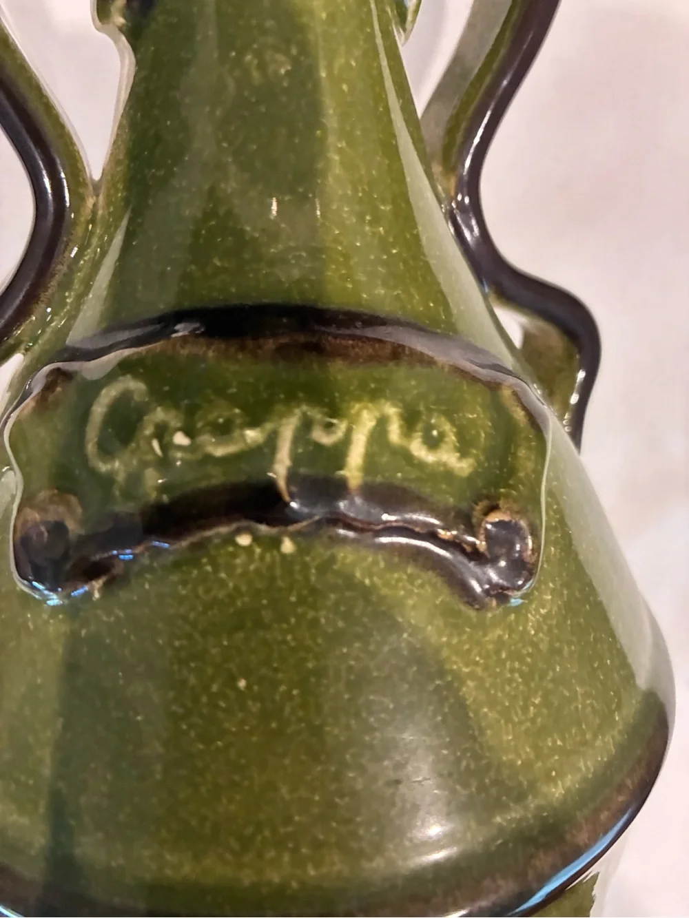 Neiman Marcus Olive Green Glazed Ceramic Vase Base w/Grappa on Front of Vessel
